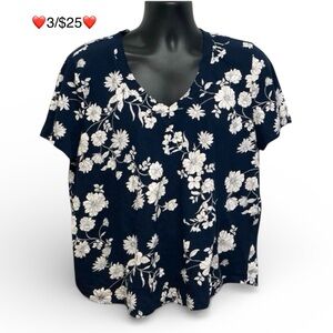 LOFT Navy Blue Floral V Neck Tee Women’s XL Casual Short Sleeve Top ❤️3/$25❤️